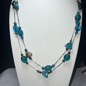 Gold Tone and Blue Glass Stone Double Strand Necklace